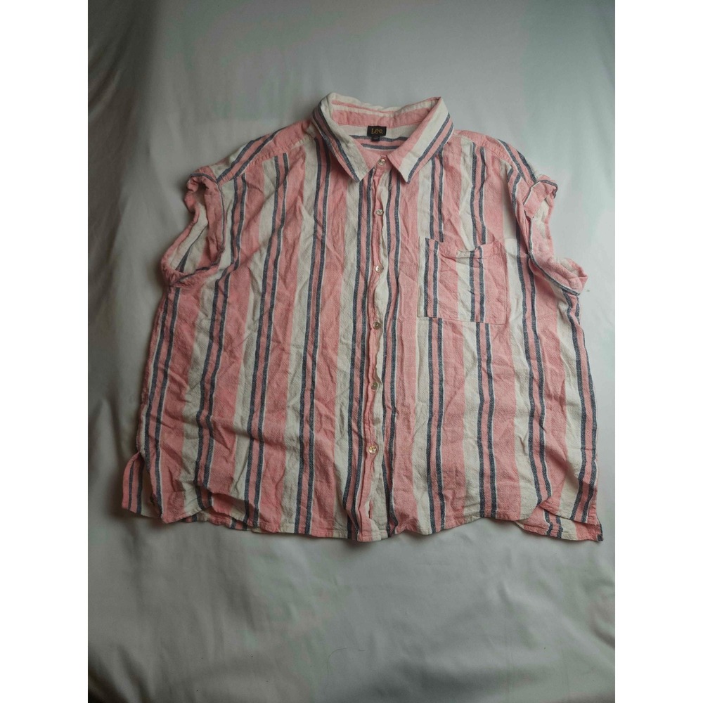 Lee Womens 2X Pink Navy Blue Striped Linen Blend Button Up Shirt Short Sleeve